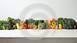 Assorted fresh vegetables arranged informally on white background with space for text