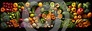 Assorted fresh vegetables and fruits on dark background, top view flat lay composition