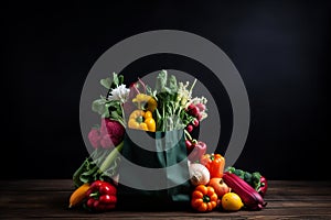 Assorted Fresh Vegetables and Fruits in Vibrant Shopping Bag Against Teal Blue Backdrop