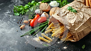 Assorted fresh vegetables and pasta on a dark surface