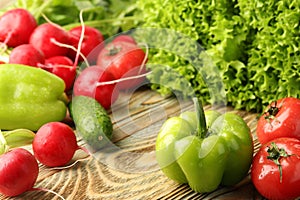 Assorted fresh vegetables, tomato, radish, cucumber, bell pepper and lettuce