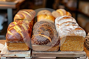 Assorted Freshly Baked Bread Loaves on Display.