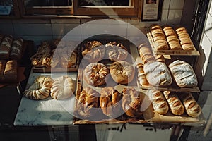 Assorted freshly baked bread, store counter. Bakery products, French style