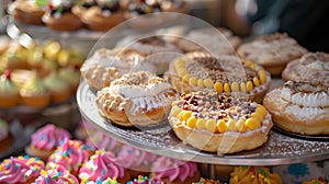 Assorted freshly baked pastries on display at a local market. indulgent treats, vibrant colors, sweet selection. perfect