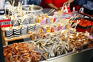 Assorted fried seafood sold at a street food cart