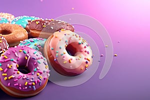 Assorted frosted donuts with colorful sprinkles against a purple background