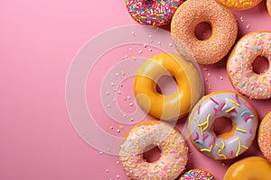 Assorted frosted donuts with sprinkles on a pink background