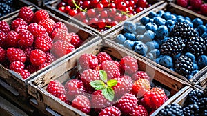 Assorted Fruit Baskets Overflowing With Fresh Berries at a Farmers Market