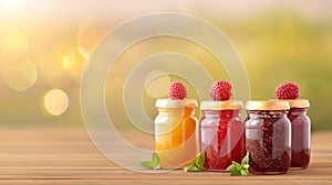 Assorted Fruit Jams on Wooden Table
