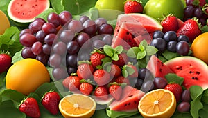 Assorted fruit platter with ripe, juicy strawberries, sweet grapes, lemons, and juicy watermelon