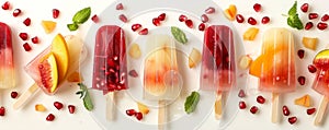 Assorted fruit popsicles with fresh ingredients on white background