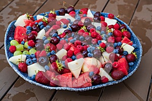 assorted fruits and berries on a plate. summer harvest.