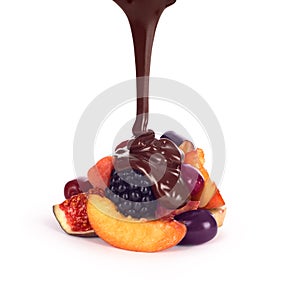 Assorted fruits and chocolate sauce pouring still life