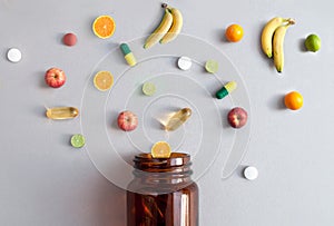 Assorted fruits multivitamins concept