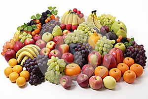 Assorted fruits neatly categorized and arranged on a white background for optimal presentation