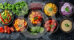 Assorted Fruits and Vegetables Arranged in Bowls