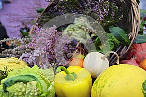 Assorted fruits and vegetables display their vibrant colors on the table
