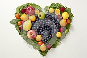 Assorted fruits and vegetables forming a heart shape isolated on white background, top view