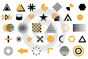 Assorted geometric shapes. Black and yellow design elements. Bold minimalist icons. Vector illustration. EPS 10.