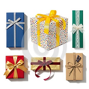Assorted gift boxes isolated on white background
