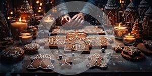 assorted gingerbread cookies and houses on a wooden table, banner