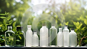 Assorted Glass Bottles with Black Lids on Wooden Table Against Blurred Foliage Background