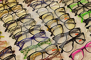 Assorted glasses at apparel and accessory shop. Cheap apparel