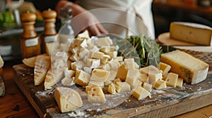 Assorted gourmet cheeses on a rustic wooden platter with fresh herbs