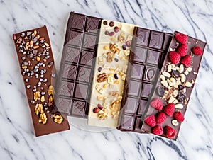 Assorted gourmet chocolate bars with nuts and fruits on marble surface