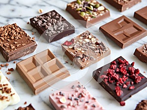 Assorted gourmet chocolate bars with various toppings