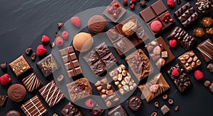 Assorted Gourmet Chocolates and Berries on Dark Background