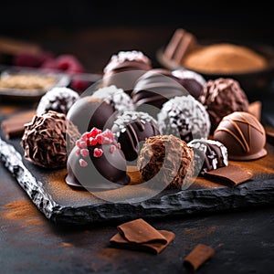 Assorted Gourmet Chocolates on Dark Background, AI Generated