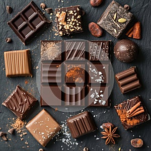 Assorted gourmet chocolates on a dark slate background