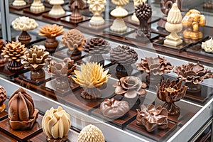 Assorted Gourmet Chocolates Display on Shelves Exquisite Handcrafted Chocolate Desserts