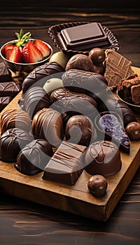 Assorted Gourmet Chocolates Displayed on Rustic Wooden Table Background