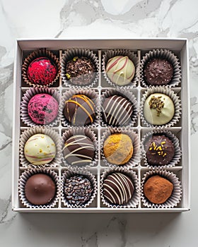 Assorted gourmet chocolates in elegant packaging