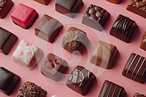 Assorted gourmet chocolates in a minimalist arrangement on pink background