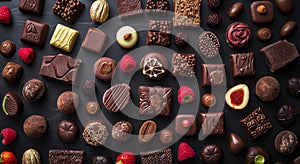 Assorted gourmet chocolates and truffles with fresh berries on a dark background
