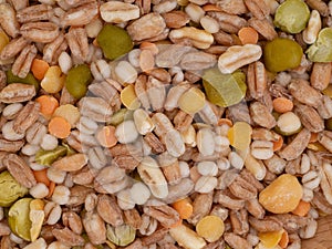 Assorted grains and pulses mix full background, top view. Winter food includes split peas, red and yellow lentils, pearl