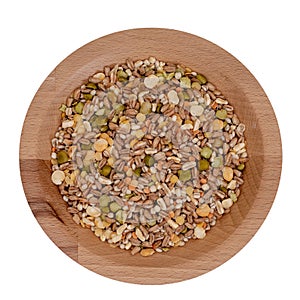 Assorted grains and pulses mix full background, top view. Winter food includes split peas, red and yellow lentils, pearl