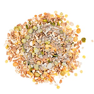 Assorted grains and pulses mix on white background, heap, top view. Winter food includes split peas, red and yellow