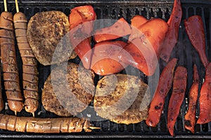 Assorted Grilled Meat and Red Peppers Over the Coals on a Barbecue