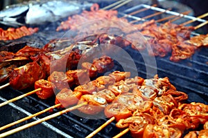 Assorted grilled pork and chicken innards barbecue at a street food stall