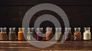 Assorted ground spices in bottles on wooden background.