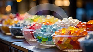 Assorted Gummy Candies Displayed In Bowls At A Colorful Market Stall. Generative AI