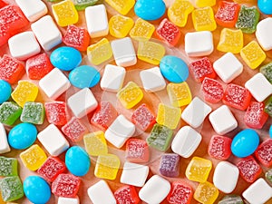 Assorted gummy candies. Top view. Jelly sweets