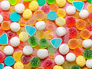 Assorted gummy candies. Top view. Jelly sweets