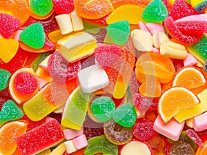 Assorted gummy candies. Top view. Jelly sweets