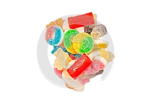 Assorted gummy candies. Top view. Jelly  sweets. Isolated on white