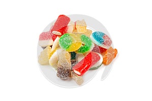 Assorted gummy candies. Top view. Jelly  sweets. Isolated on white
